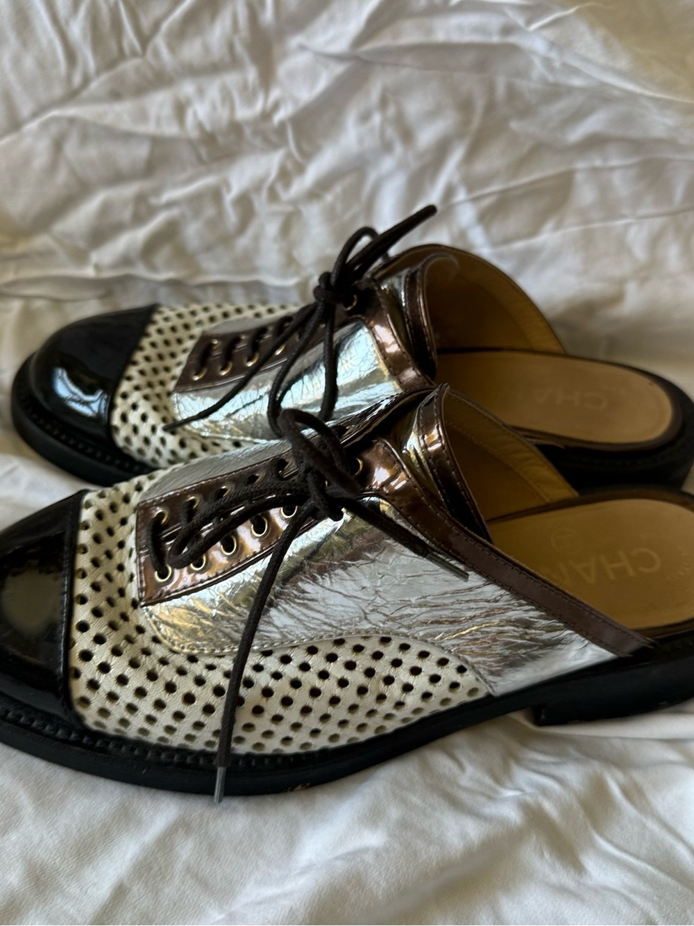 CHANEL Silver, Black & Cream Perforated Lace-Up Mule